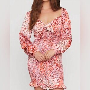 LOST + WANDER Wild Side Mini Dress | Y2K Smocked Long Sleeve with Front Tie
